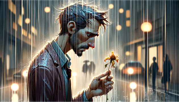 A whimsical, animated art style depiction of a man standing in the rain, looking at a wilted flower in his hand.