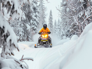 A man in a yellow jacket drives a sports snowmobile in a snowy area