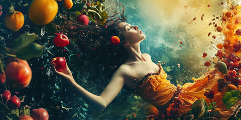 a lady with her hair thrown in the air in a fruity scene, concept of Using vitamin and fiber supplements helps promote health and youth
