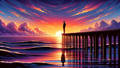 A whimsical, animated art style depiction of a silhouette of a person standing at the end of a pier, looking out at the ocean during sunset. - Powered by Adobe