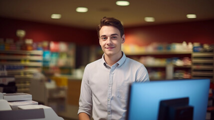 Portrait of young attractive confident cashier smiling behind the super market counter, showcasing the pleasant, diverse shopping experience for customers