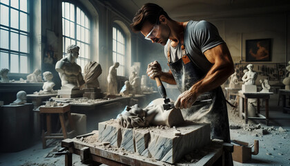 A sculptor in his late 30s, with an intense focus and creative passion, is chiseling away at a large block of marble in his studio. - obrazy, fototapety, plakaty