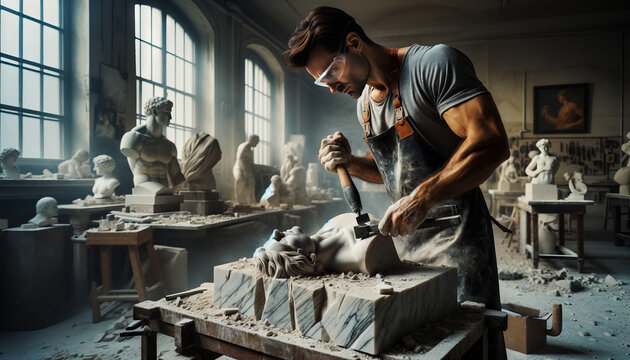 A sculptor in his late 30s, with an intense focus and creative passion, is chiseling away at a large block of marble in his studio.