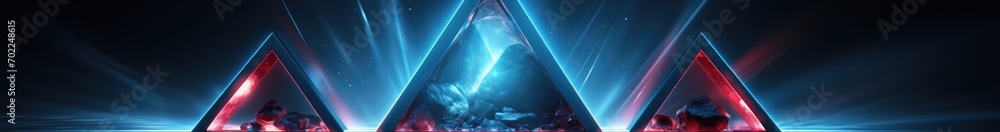 Poster neon rounded triangle frame with shining effects and sparkles on dark background. empty glowing tech