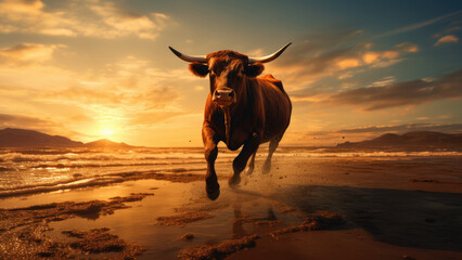 Seaside Munch: Cow's Sunset Snack - obrazy, fototapety, plakaty