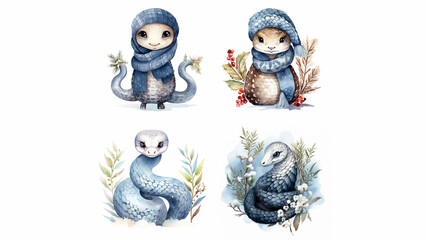 winter snake cute watercolor cartoon boho clipart, white background