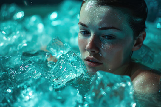a woman relaxing in a tub filled with ice cubes