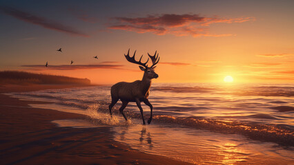 Shoreline Stag: Majestic Deer in the Evening Glow