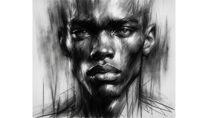 A charcoal sketch of a powerful and emotional human portrait.