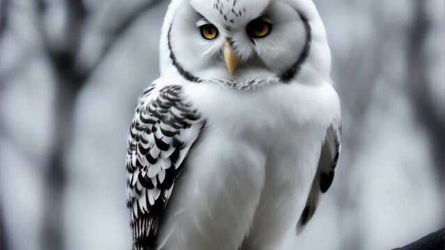 Snowy owl, Bubo scandiacus, perched on old stump in snow during snowfall. Arctic owl observing surroundings. Beautiful white polar bird with yellow eyes. Winter in wild nature habitat.