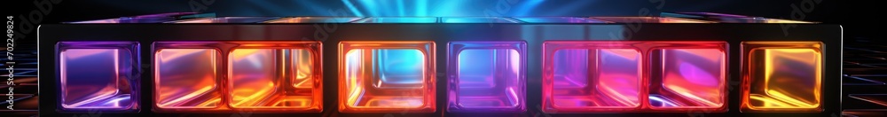 Poster neon square shape frame with shining effects multi-colored on black background. glowing reflection t