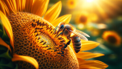 A close-up of a bee pollinating a sunflower, captured in a vibrant and natural setting. - obrazy, fototapety, plakaty
