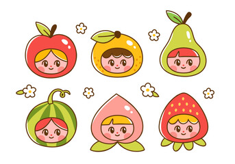 Fruits and berries with cute kids faces. Vector illustration of adorable girls dressed as watermelon, apple, peach, strawberry, pear and orange mascots. Hand drawn characters in cartoon style.