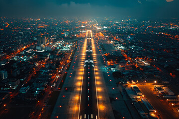 Aerial Night Approach to Airport Runway - obrazy, fototapety, plakaty