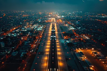 Fotobehang Aerial Night Approach to Airport Runway © Andrii 