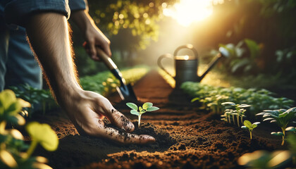 A person's hand is captured in the act of planting a seedling into fertile soil.