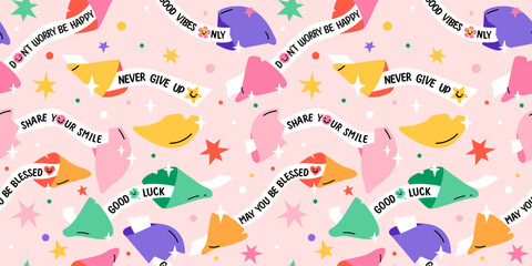 Seamless pattern with Positive message fortune cookies. Cute trendy vector illustration. Background with motivation quotes.  - obrazy, fototapety, plakaty