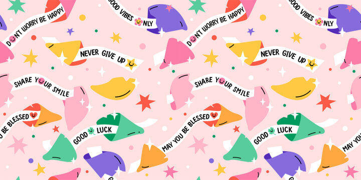 Seamless pattern with Positive message fortune cookies. Cute trendy vector illustration. Background with motivation quotes. 
