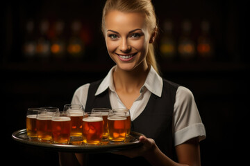 Cheerful Waitress Presents Beer Service