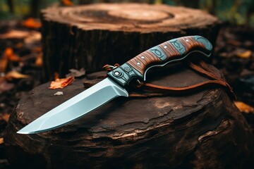 Survival tool hunting knife showcased on a wooden surface - obrazy, fototapety, plakaty
