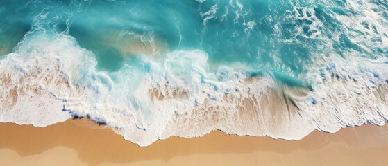 abstract turquoise water wave with sunlight on white sand beach from above, empty summer vacation backgroun, --ar 7:3 --style raw --stylize 250 --v 5.2 Job ID: df61eb8c-81ff-403c-93e3-7e3a6b909213