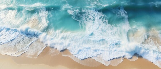 abstract turquoise water wave with sunlight on white sand beach from above, empty summer vacation backgroun, --ar 7:3 --style raw --stylize 250 --v 5.2 Job ID: df61eb8c-81ff-403c-93e3-7e3a6b909213 - obrazy, fototapety, plakaty