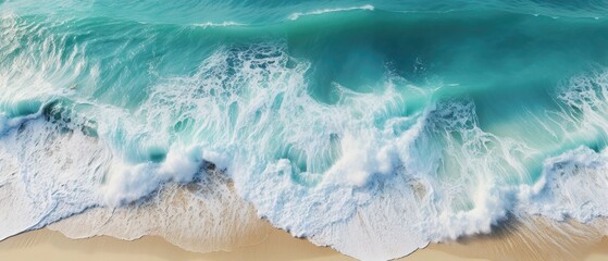 abstract turquoise water wave with sunlight on white sand beach from above, empty summer vacation background