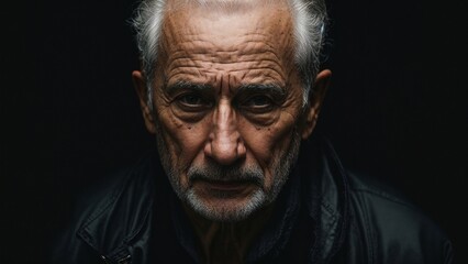 Fototapeta premium Old man suffocating with loneliness and mental stress in a dark room with a terrifying sad look 