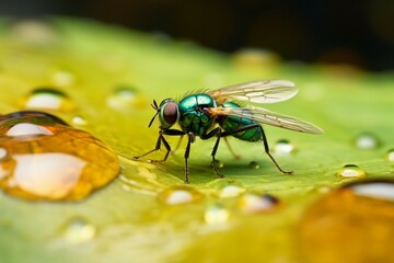 Abstract nature macro image, tiny fly on green leaf