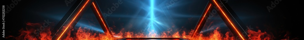 Poster neon triangular frame with shining effects and sparkles on dark background. empty glowing techno bac