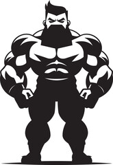 Comic Muscle Cartoon Caricature Black Bodybuilder Logo Icon Flex Factor Vector Black Logo Icon of Cartoon Bodybuilder