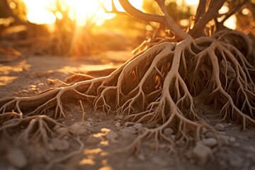 Close-up perspective of the roots of plants in a dry desert setting - obrazy, fototapety, plakaty