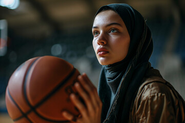 A Muslim woman basketball player in a gym, wearing a hijab and a basketball uniform, practicing three-point shots with focus. - obrazy, fototapety, plakaty
