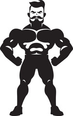 Bold Muscle Fusion Caricature Bodybuilder in Black Logo Icon Comic Flex Persona Black Vector Logo Icon of Cartoon Bodybuilder
