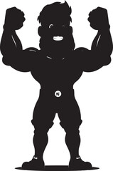 Fototapeta na wymiar Dynamic Flex Vector Black Logo Icon of Cartoon Bodybuilder Mighty Muscles Caricature Bodybuilder in Black Vector Logo