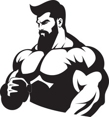 Flex Fusion Artistry Black Logo Icon of Cartoon Caricature Bodybuilder Muscled Titan Charm Cartoon Caricature Bodybuilder in Black Vector