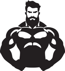 Brawny Comic Hero Caricature Bodybuilder in Black Logo Icon Iron Physique Emblem Cartoon Caricature Black Bodybuilder Vector Icon