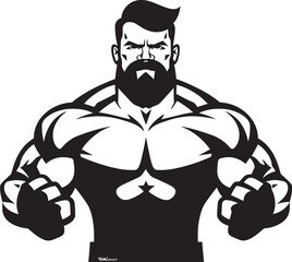 Mighty Muscle Marvel Vector Black Logo Icon of Caricature Bodybuilder Dynamic Muscle Fusion Caricature Bodybuilder in Black Logo Icon