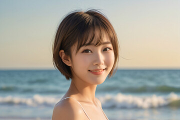 Fototapeta na wymiar 青空をバックに健康的に微笑む青いビキニ姿の若い日本人女性