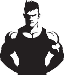 Iron Physique Emblem Black Vector Logo Icon of Cartoon Bodybuilder Gym Heroic Persona Cartoon Caricature Bodybuilder in Black Vector