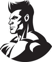 Mighty Muscle Marvel Vector Black Logo Icon of Caricature Bodybuilder Urban Chic Cartoon Hipster Man Face in Black Vector Logo Icon