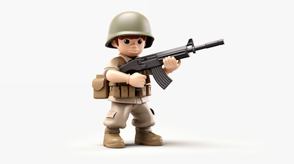 3d cartoon military soldier army hold weapon in white background