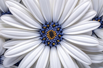 Close up photo of single osteospermum daisy flower in white and yellow