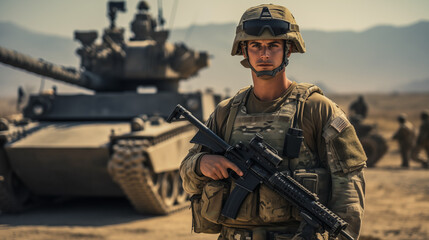 military US army soldier hold machine gun near tank - obrazy, fototapety, plakaty