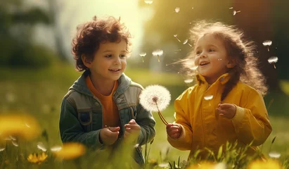 Fotobehang Children are playing with dandelions in the field. Children's day consept. Generative AI © RIGEL