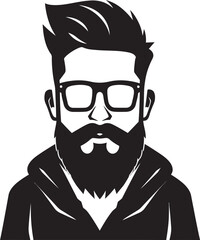 Chic Retro Revival Cartoon Hipster Man Face Black Icon Minimalist Whiskers Black Logo Icon of Cartoon Hipster Man Face