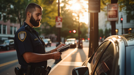 officer write traffic ticket to a car parking in footpath