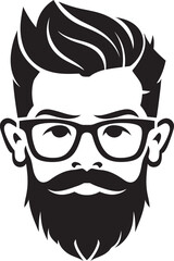 Trendy Whiskers Fusion Cartoon Hipster Man Face Black Icon Vintage Contemporary Chic Black Logo Icon of Cartoon Hipster Man Face