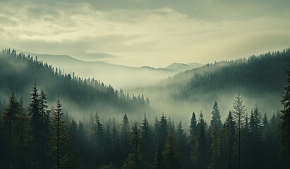 A forest with trees and fog in the background. Generative AI