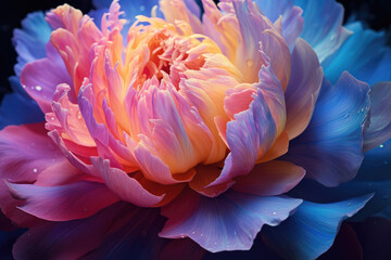 Macro photo of coral orange and blue peony flower, special lighting